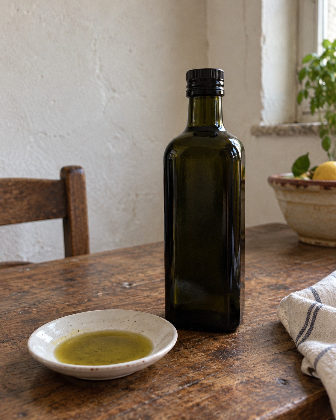 Conceptbeeld: donkere fles olijfolie zonder etiket op een keukentafel
