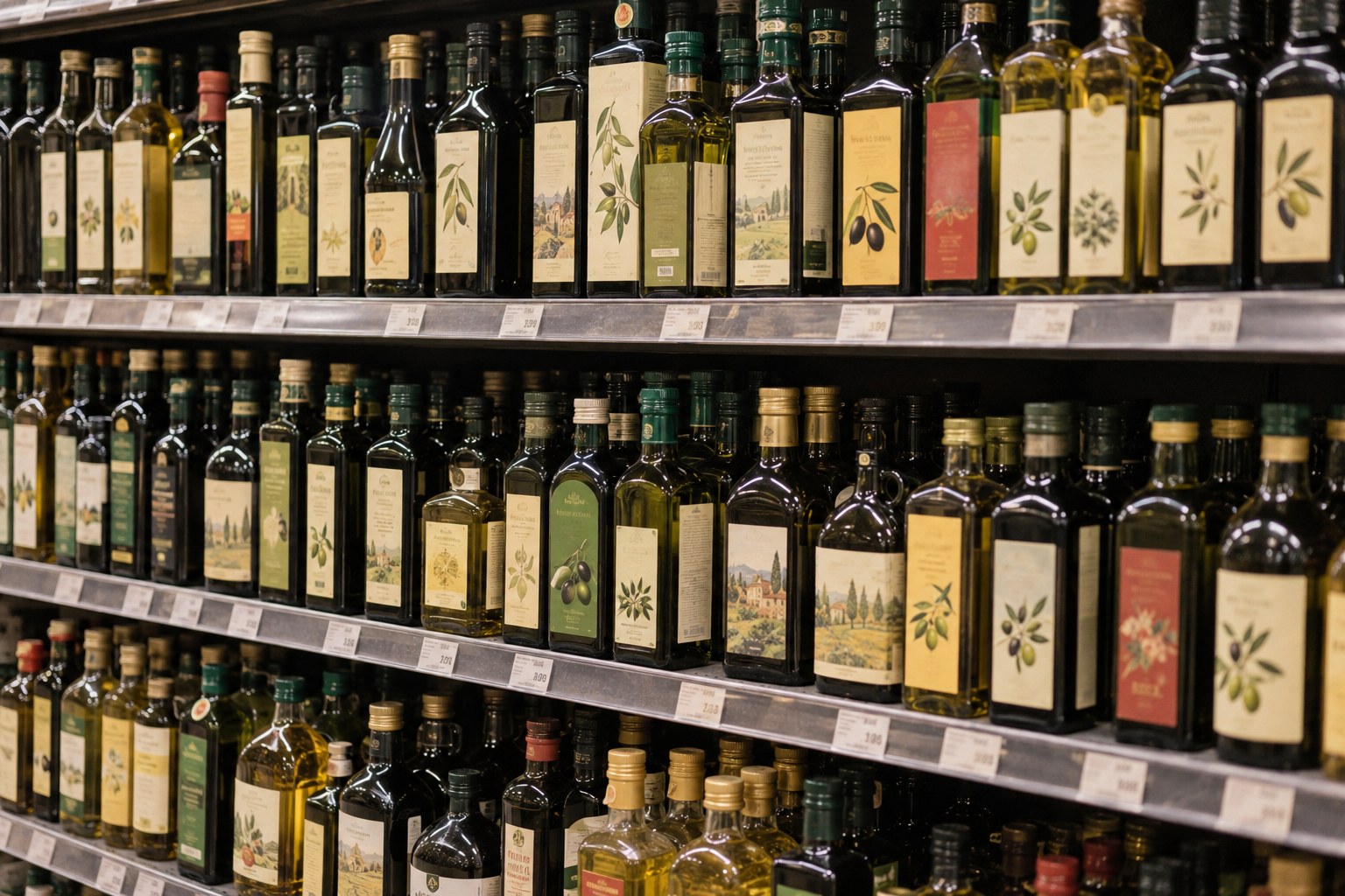Een vol schap met uiteenlopende flessen olijfolie, illustratief beeld